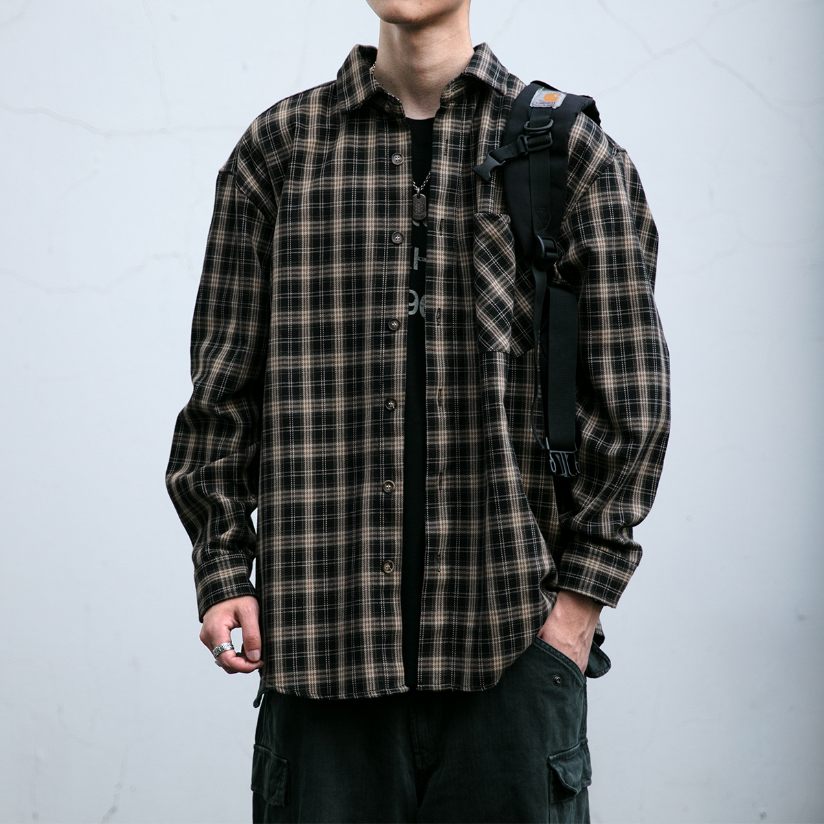 翻领长袖日系潮牌格子衬衫