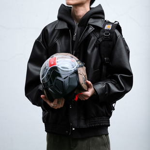 美式 复古立体裁剪PU皮衣夹克男春秋宽松荔枝纹户外机能服翻领外套