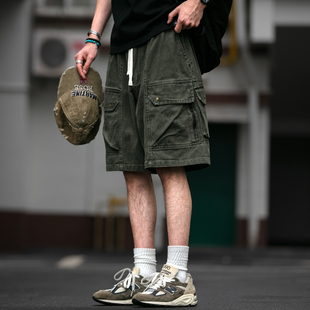 宽松纯棉潮牌痞帅直筒五分裤 美式 男夏季 短裤 子 复古重磅多口袋工装