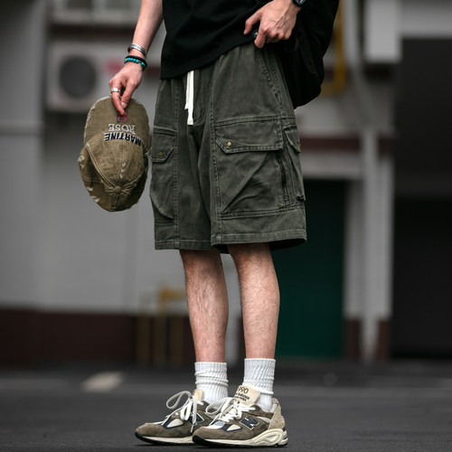 美式复古重磅多口袋工装短裤男夏季宽松纯棉潮牌痞帅直筒五分裤子