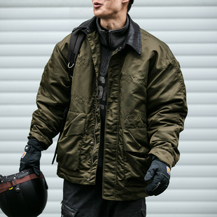 美式工装猎装夹薄棉夹克男秋冬皮领褶皱拼接中长款派克棉服外套