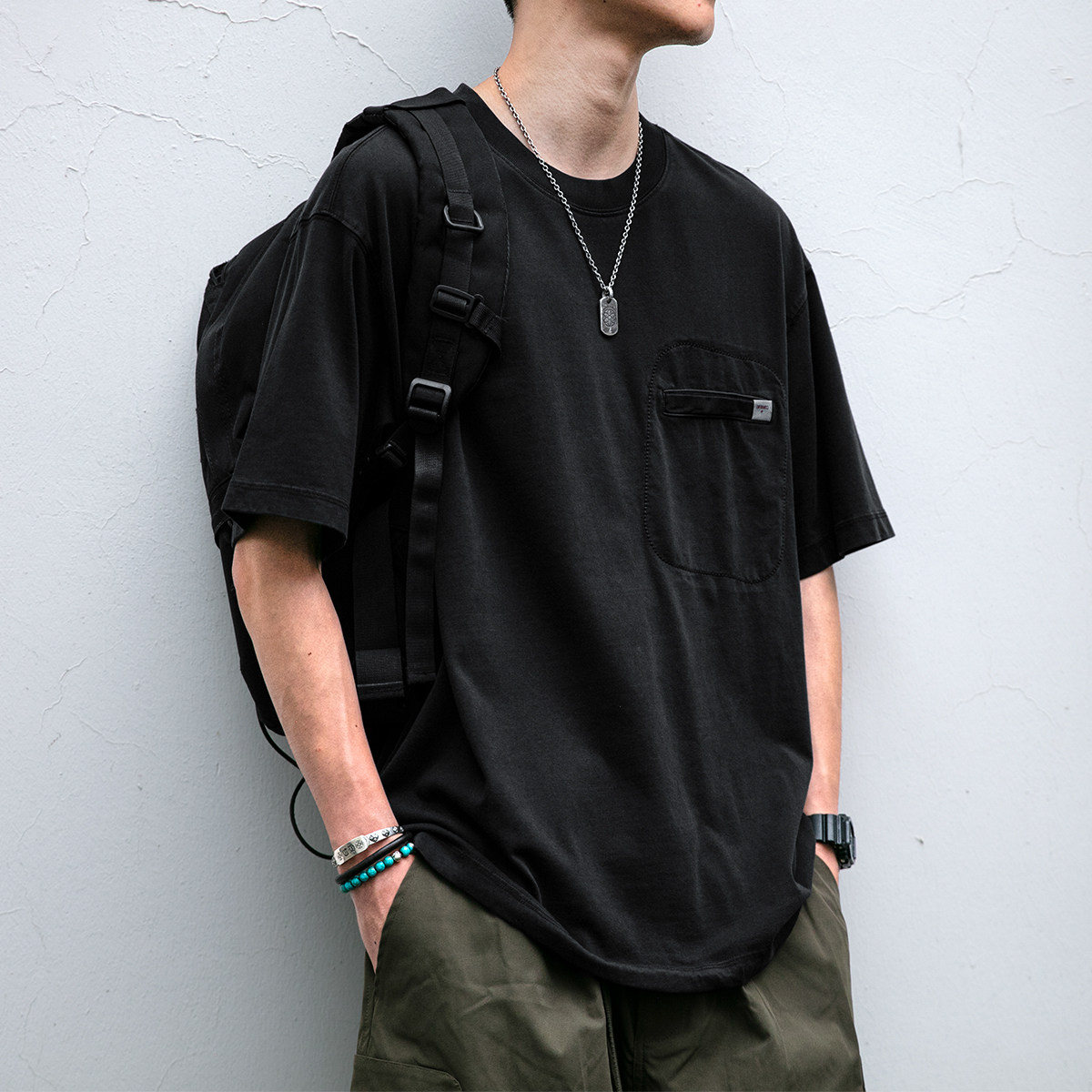 230G美式复古水洗做旧口袋绣花线短袖T恤男夏季宽松纯棉圆领T恤潮