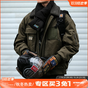 美式复古巴恩风羊羔毛领MA1空军飞行夹克外套工装羽绒服90绒保暖