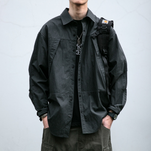 衬衣潮 男春秋宽松立体拼接休闲机能长袖 日系复古水洗做旧工装 衬衫