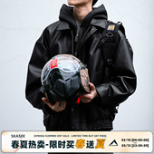 美式 复古立体裁剪PU皮衣夹克男春秋宽松荔枝纹户外机能服翻领外套