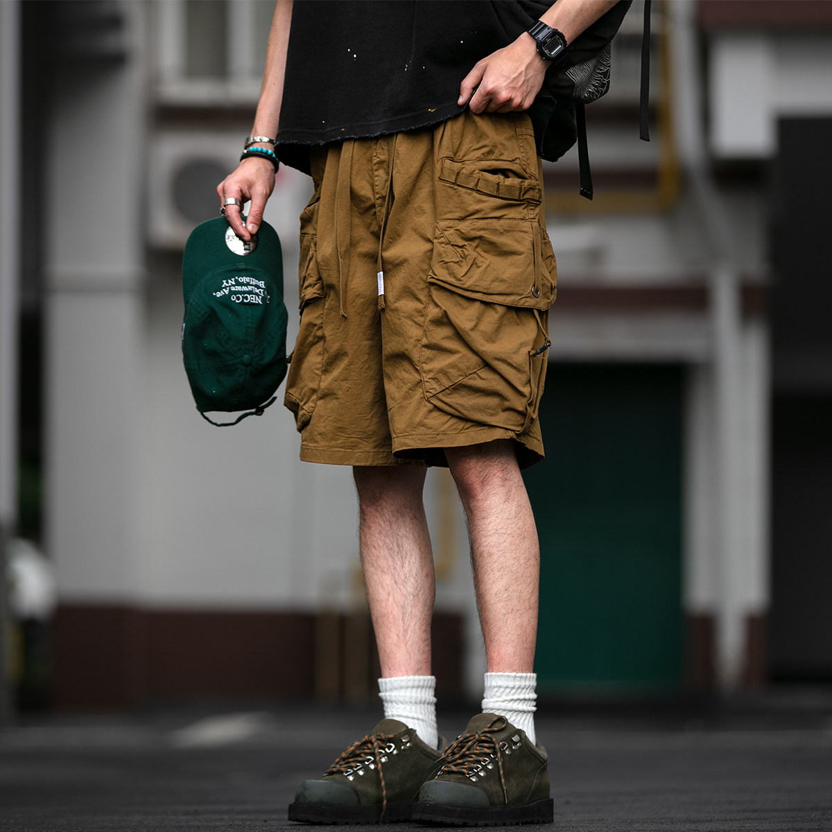 重工蜡染水洗机能大口袋工装短裤男夏季宽松褶皱质感织带抽绳中裤,男装,短裤,淘宝优惠券,粉丝福利购,淘宝优惠卷