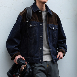 复古水洗做旧巴恩风牛仔外套男宽松明线夹克潮 美式 麂皮绒拼接