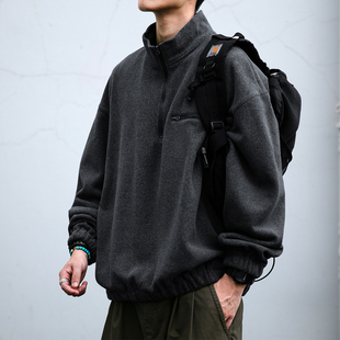 日系复古半拉链摇粒绒立领卫衣男女潮牌宽松下摆松紧套头保暖上衣