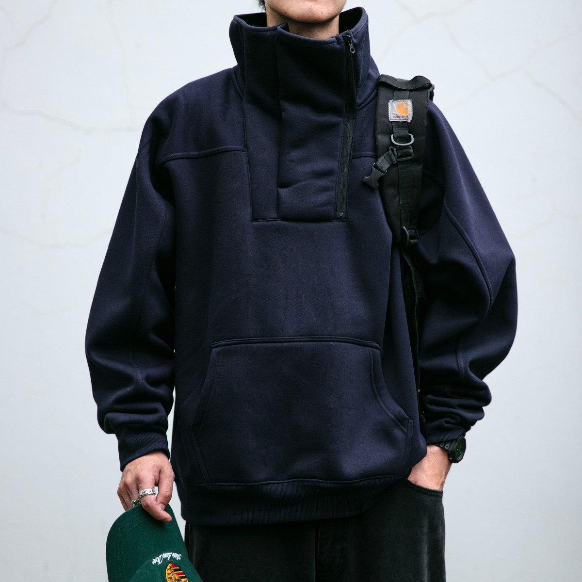 重磅390G双开高领加绒卫衣男冬季设计感半拉链加厚立领套头外套潮