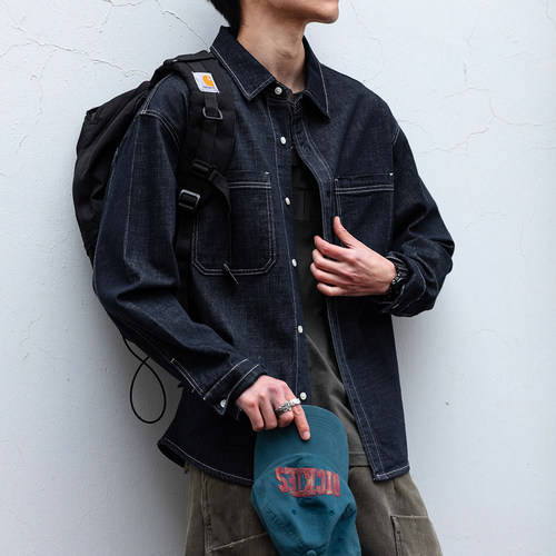 莱赛尔亚麻混纺工装牛仔衬衫男潮