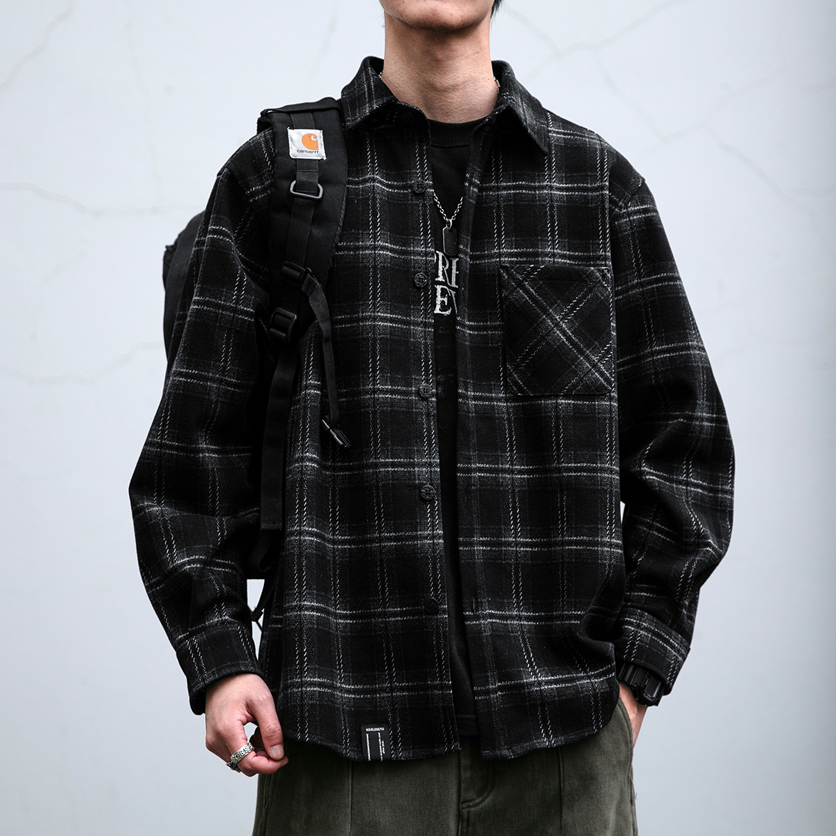 日系复古撞色拼接磨毛格子衬衫