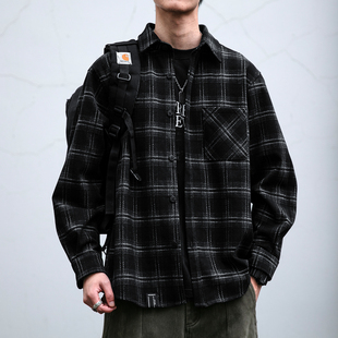 日系复古撞色拼接磨毛格子衬衫 休闲衬衣外套潮 男女秋冬宽松情侣款