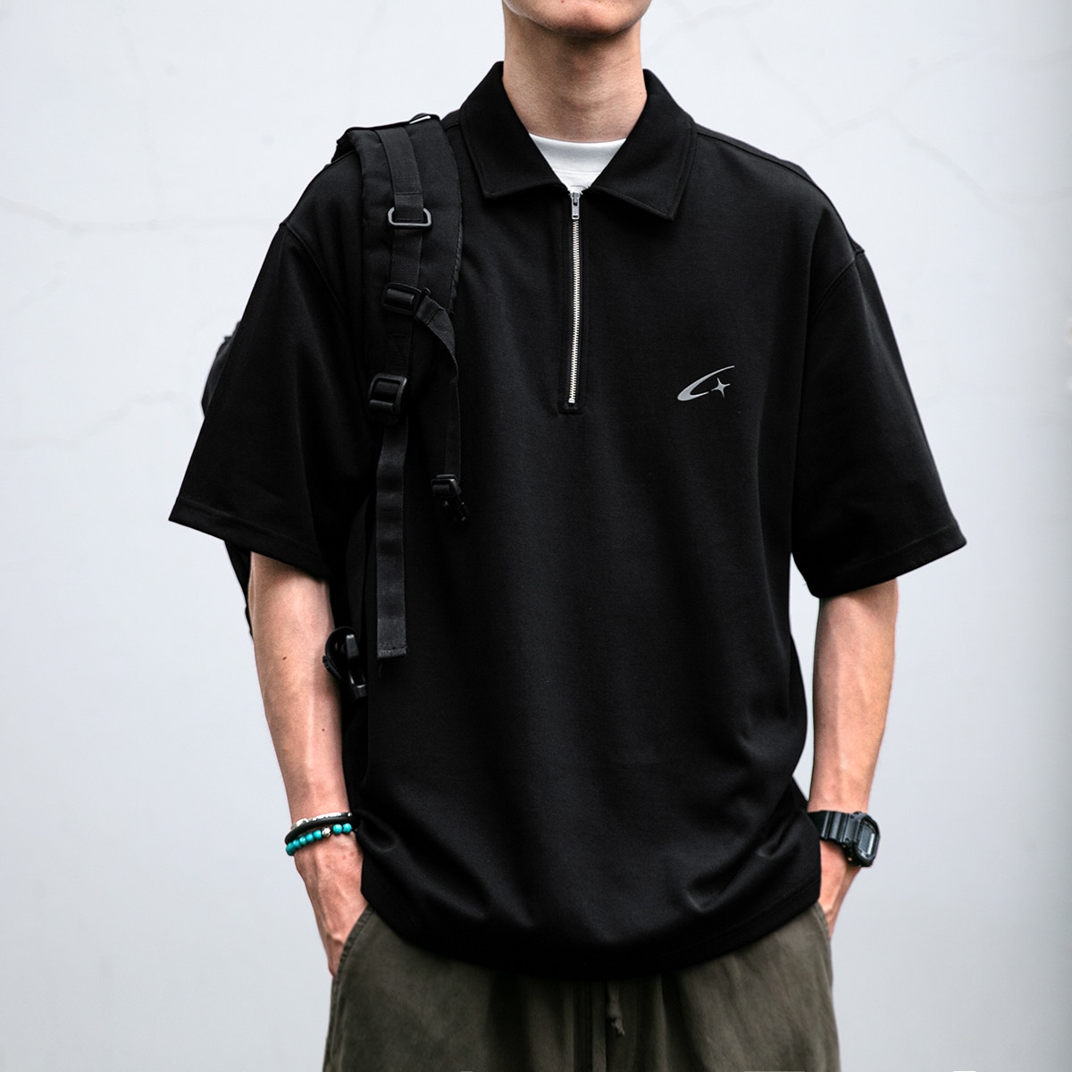 美式复古简约半拉链POLO衫男夏季宽松基础款纯棉刺绣质感有领T恤,男装,Polo衫,淘宝优惠券,粉丝福利购,淘宝优惠卷