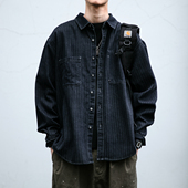 男春秋休闲宽松长袖 条纹衬衫 外套潮 复古做旧水洗质感牛仔工装 美式