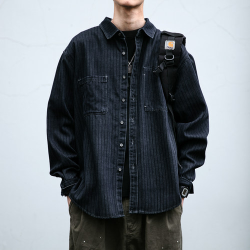 美式复古做旧水洗质感牛仔工装条纹衬衫男春秋休闲宽松长袖外套潮