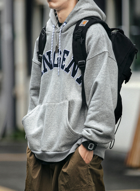 秋冬潮牌重磅灰色加绒加厚卫衣连帽休闲复古刺绣宽松情侣外套男女