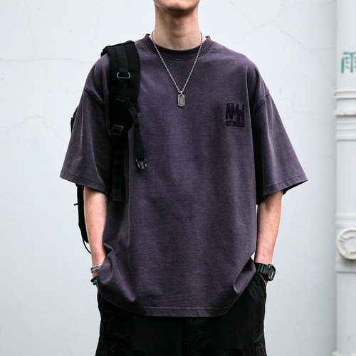 美式复古320克重磅水洗短袖T恤男