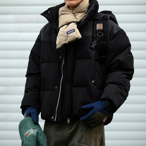 美式复古做旧牛仔拼接面包服男冬季百搭90白鸭绒保暖防风立领外套