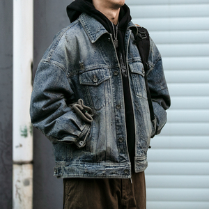 重磅水洗牛仔羽绒服男冬季潮牌可拆卸内里哥特字母印花磨破外套潮