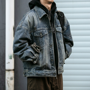 重磅水洗牛仔羽绒服男冬季潮牌可拆卸内里哥特字母印花磨破外套潮