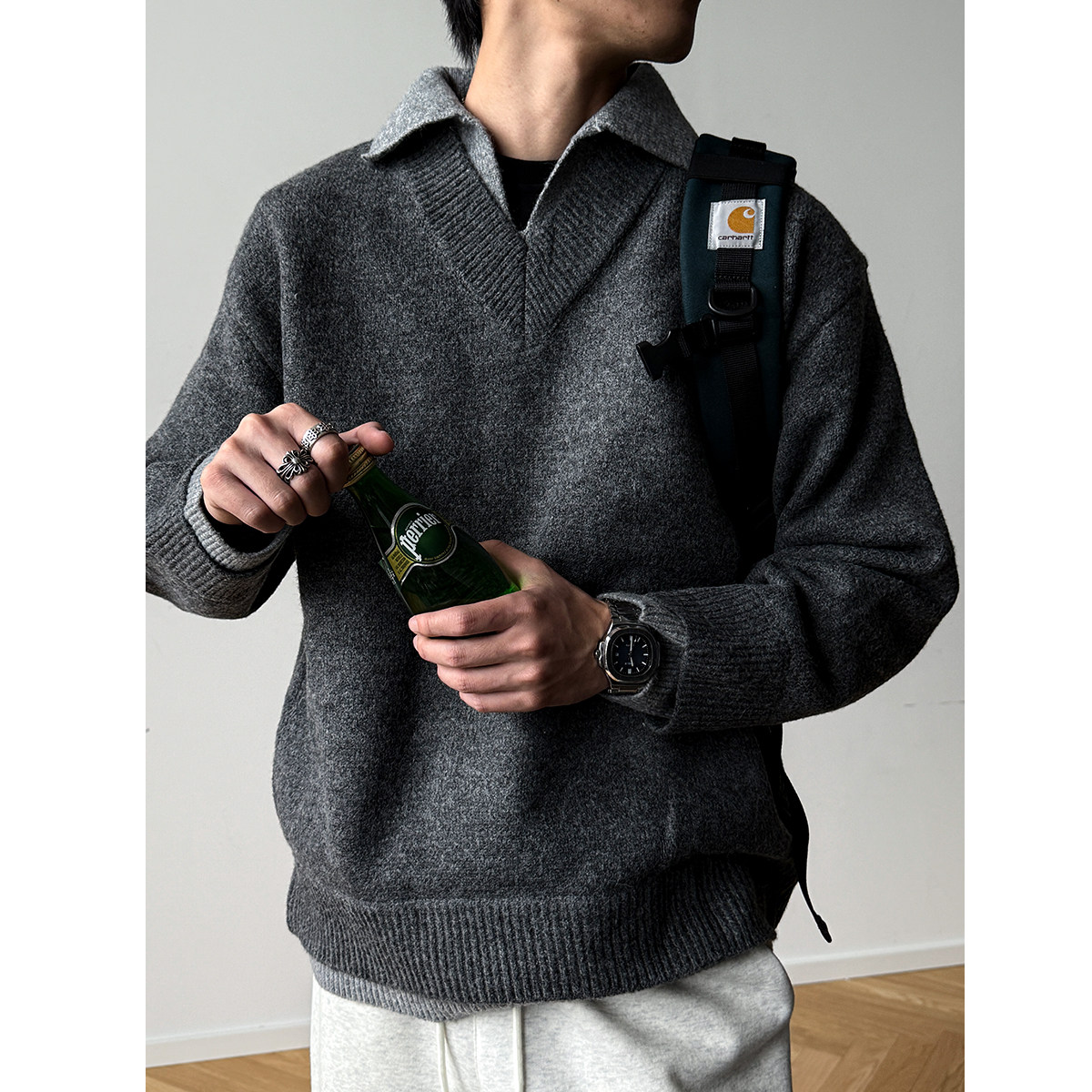 900G重磅羊毛混纺假两件V领毛衣男秋冬撞色老钱风慵懒翻领外套潮