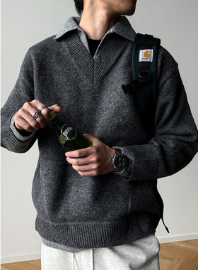 900G重磅羊毛混纺假两件V领毛衣男秋冬撞色老钱风慵懒翻领外套潮