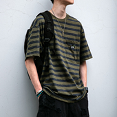 宽松刺绣工艺点缀纯棉大码 230G水洗做旧粗条纹短袖 男夏季 圆领T恤