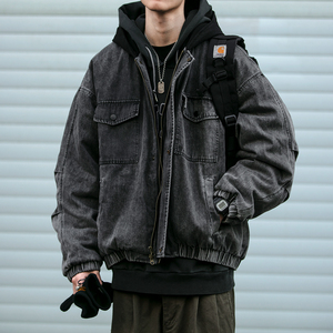 日系水洗连帽拼接牛仔棉服男潮牌宽松做旧工装加厚保暖棉衣潮