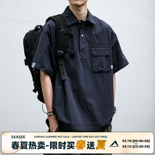 日系复古工装套头短袖衬衫男夏季潮牌户外潮流宽松休闲衬衣外套潮