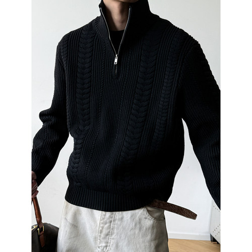 重磅麦穗绞花半拉链立领毛衣