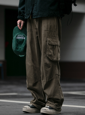 重磅270g宽松微喇拖地口袋工装裤男潮牌春秋水洗直筒裤松紧束脚裤