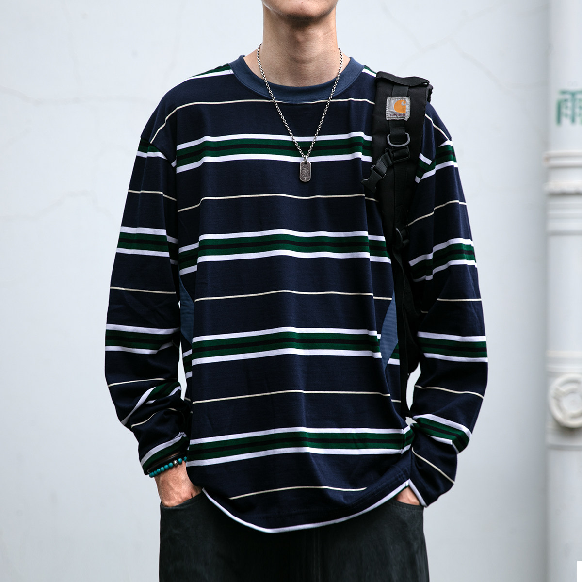 日系复古基础款清爽条纹长袖男女秋季单穿情侣打底衫圆领透气长T,男装,T恤,淘宝优惠券,粉丝福利购,淘宝优惠卷