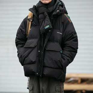 潮牌宽松90白鸭绒加厚保暖设计感织带外套潮 日系连帽羽绒服男冬季