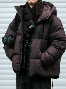 可脱卸假两件毛线领泡芙感羽绒服男冬季潮牌宽松加厚暗格纹外套潮