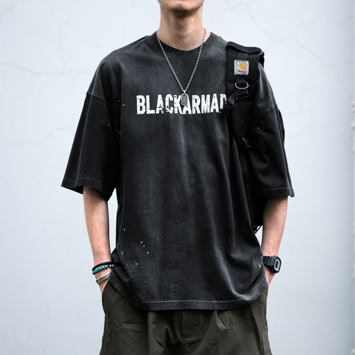 美式潮牌260克水洗做旧泡芙漆点印花短袖男夏季宽松质感情侣T恤潮