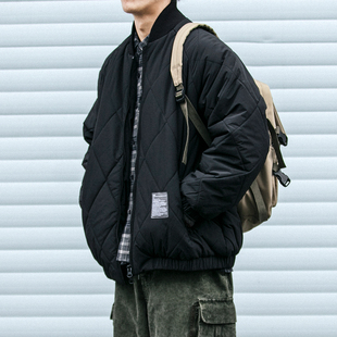 日系复古菱形格棒球领棉服冬季潮牌男士宽松加厚保暖休闲棉衣外套