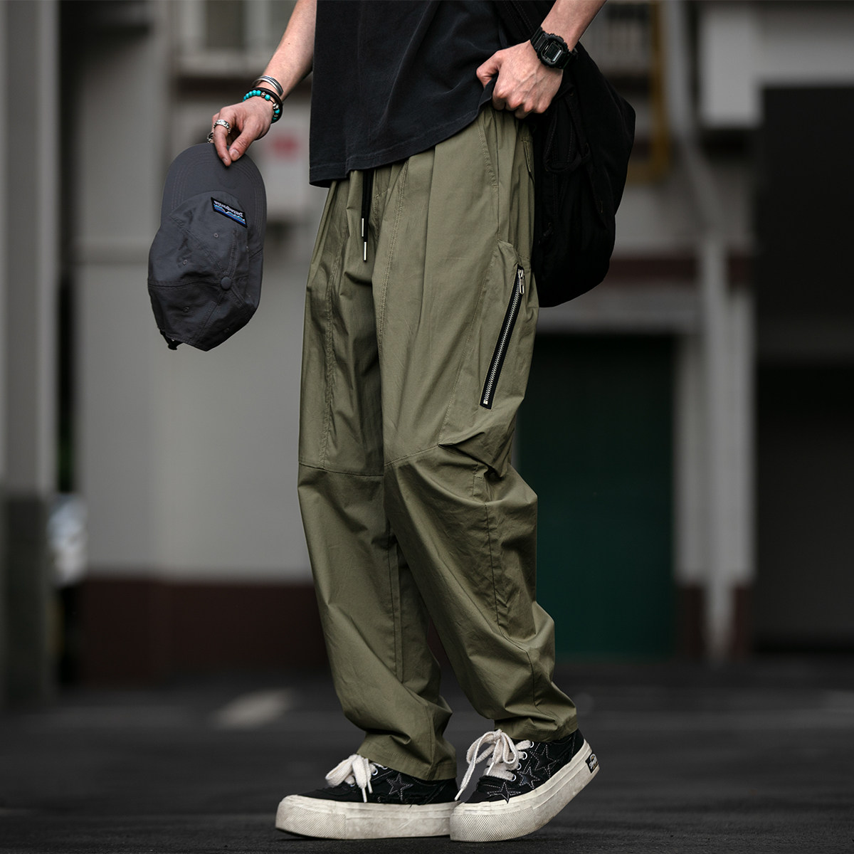 美式户外薄款立体拉链口袋工装裤男夏季宽松直筒裤百搭抽绳休闲裤
