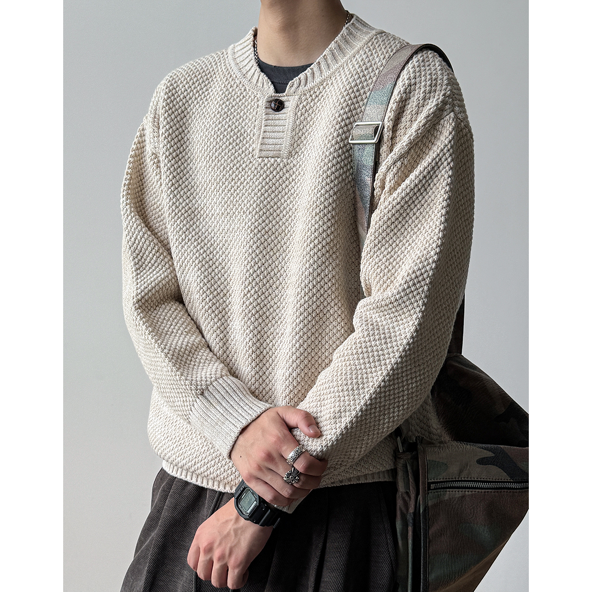 610G重磅菠萝纹亨利领毛衣男