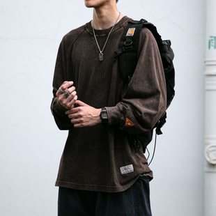 百搭长袖 美式 男秋季 T恤打底衫 潮 复古蜡染水洗颗粒感质感面料长袖