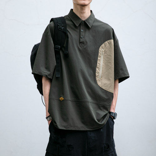 翻领短袖日系潮牌拼色POLO衬衫