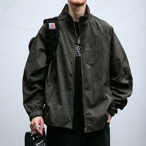 美式复古扎染水洗做旧立领夹克男