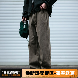纯棉休闲长裤 日系复古水洗做旧基础款 男春秋宽松微喇直筒裤 裤 工装