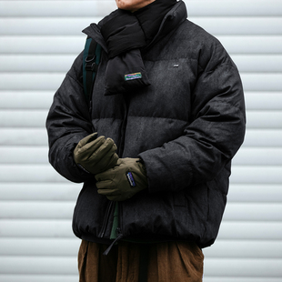 美式复古脏染做旧90白鸭绒立领羽绒服男冬季宽松字母压印面包服潮