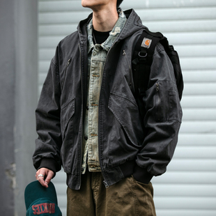 美式 外套 复古水洗做旧解构设计连帽boxy夹克男宽松多口袋机能工装