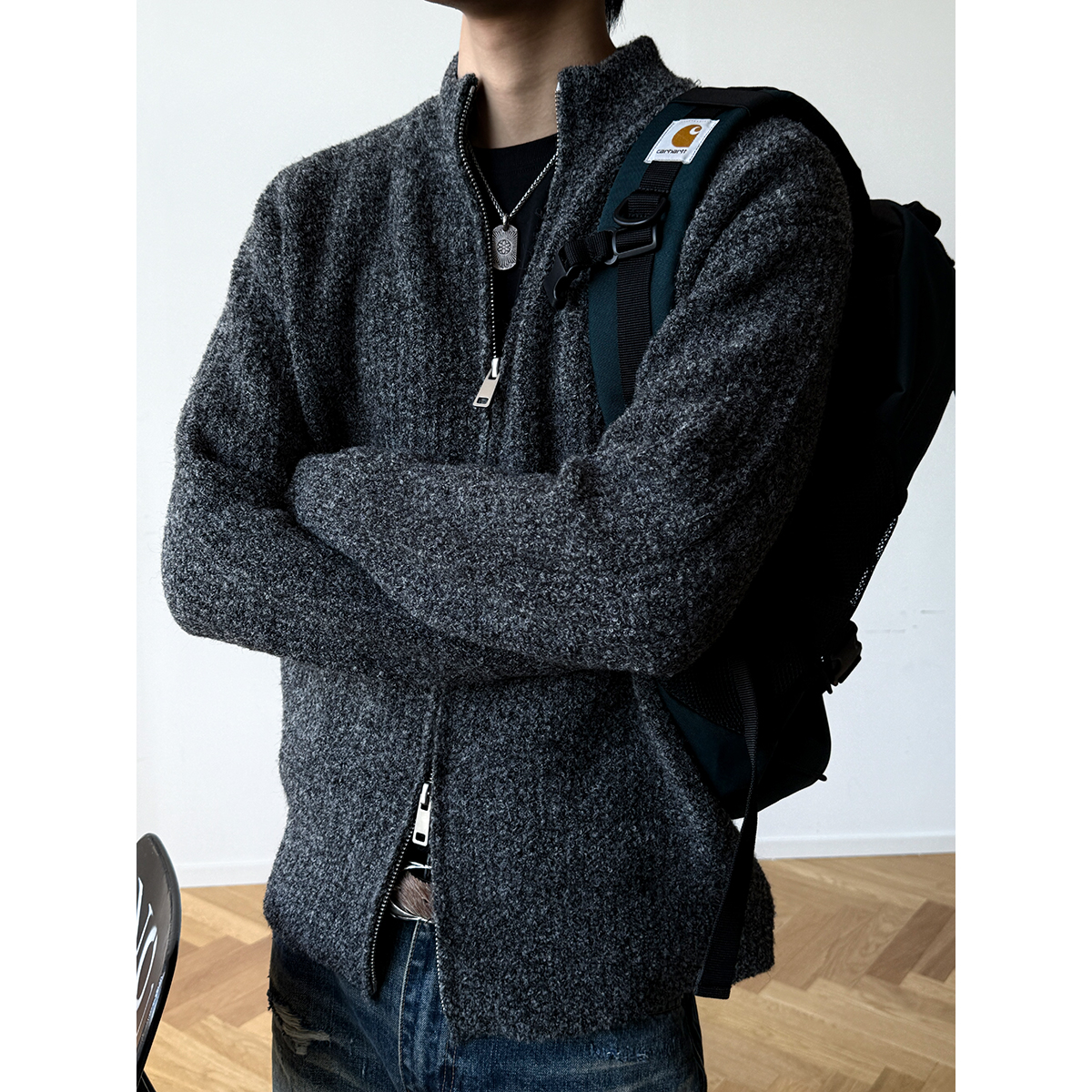 重磅羊毛混纺双拉链立领开衫毛衣