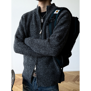 900G重磅羊毛混纺双拉链立领开衫毛衣男秋冬加厚保暖套头针织外套