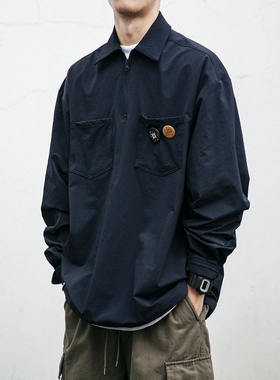 日潮Cityboy痞帅长袖衬衫男春秋宽松休闲套头衬衣工装半拉链外套