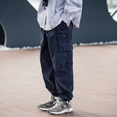 日系复古撞色口袋工装 百搭抽绳哈伦裤 裤 男潮牌春秋宽松水洗锥形裤