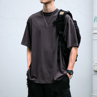 男夏季 32S炒雪花双纱270克水洗做旧短袖 宽松纯棉T恤潮 反领设计