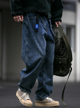 美式复古立体大口袋斜门襟牛仔裤男潮牌宽松深蓝色微锥阔腿长裤潮